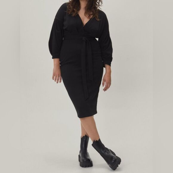 Missguided plus black long sleeve wrap belted midi dress size 18 NWT - Picture 5 of 12